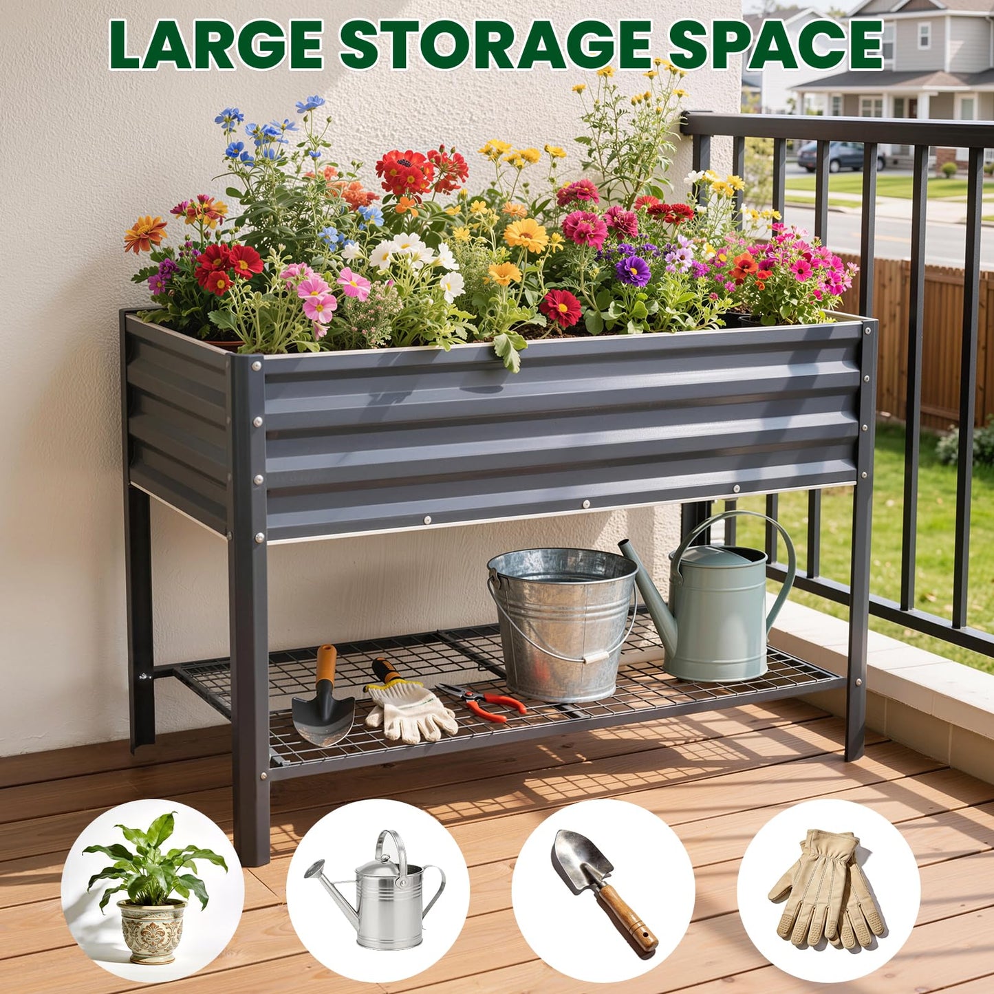1MORE Elevated Raised Garden Bed with Legs & Storage Rack, 48×24×32in Large Metal Raised Bed for Backyard, Patio. Raised Planter Box with Drainage Holes for Plants Vegetables Flowers Fruits(Grey-1pcs)