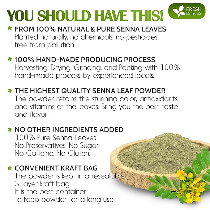 FRESHDRINKUS, Premium 32oz Senna Leaf Powder, 100% Natural and Pure from Senna Leaves, No Additives, No Gluten, No Sugar, Vegan
