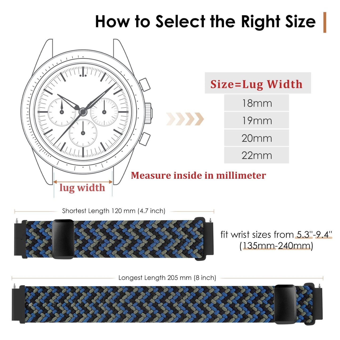SIMYYO Nylon Magnetic Bands Quick Release Braided Nylon Watch Bands Stretchy Sport Replacement Strap for Men and Women 18mm 19mm 20mm 22mm