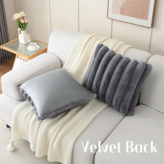 FUTEI Grey Decorative Throw Pillow Covers 16x16 Inch Set of 2, Square Soft Faux Rabbit Fur Thick Striped Cushion Cover,Winter Home Decor for Couch Bed Living Room