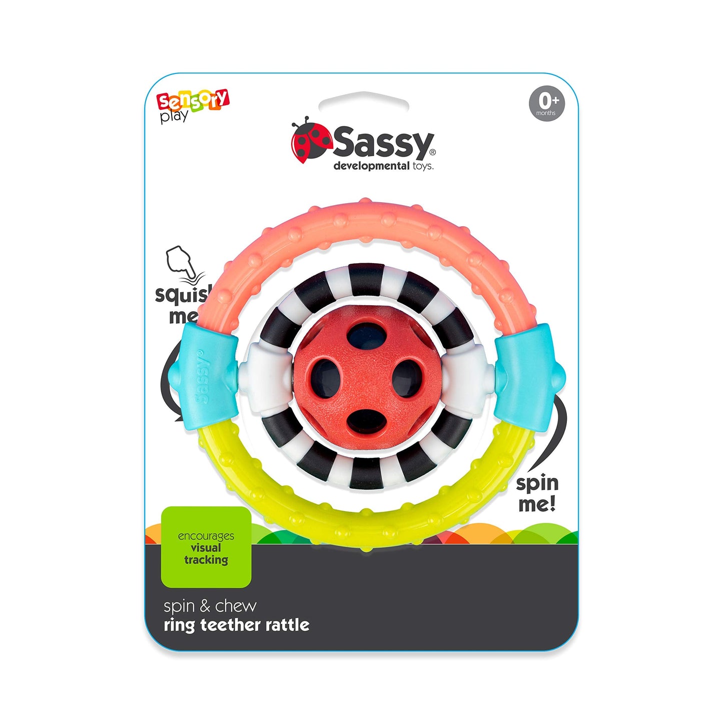Sassy Spin and Chew Flex Ring Rattle with Dual Action Spinners, for Ages 0+ Months