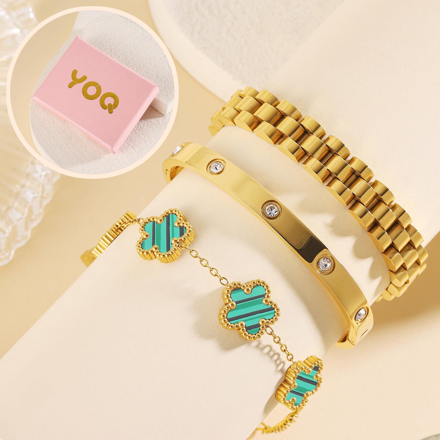 YOQ Stackable Four Leaf Clover Bracelets for Women, 18K Gold Plated Love Bangle Bracelets Set, 3 Pcs Charm Jewelry Gifts (Green)