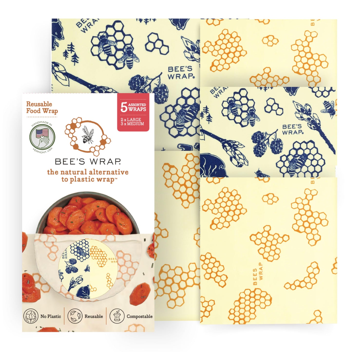 Bee's Wrap Beeswax Wraps for Food - Assorted 5 Pack of Beeswax Wraps - 2 Large & 3 Medium Wrap - Plastic Free Made in USA Reusable Natural Food Wrap - Honeycomb & Bees + Bears