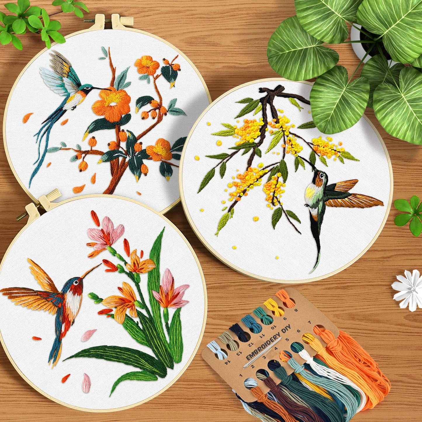 ERKOON 3 Sets Embroidery Kit, Hummingbird Cross Stitch Set for Include Embroidery Cloth Hoops Threads for Craft Lover Hand Stitch (Hummingbird)