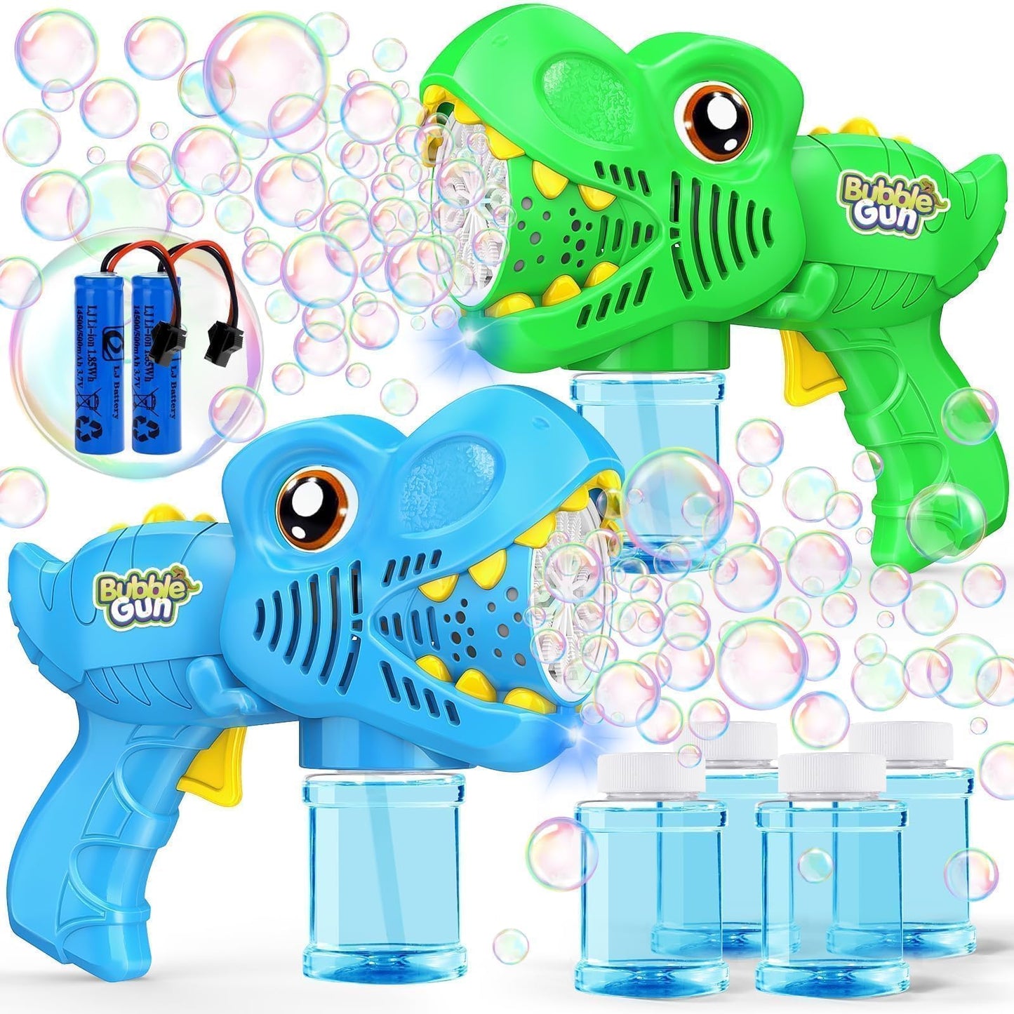 Kids Bubble Gun 2 Pack Dino Bubble Machine Gun for Toddlers with 4 Solutions Outdoor Toys Automatic 13-Hole Bubbles for Kids Blower Maker Easter Basket Stuffers Valentines Gift Party for Boys Girls