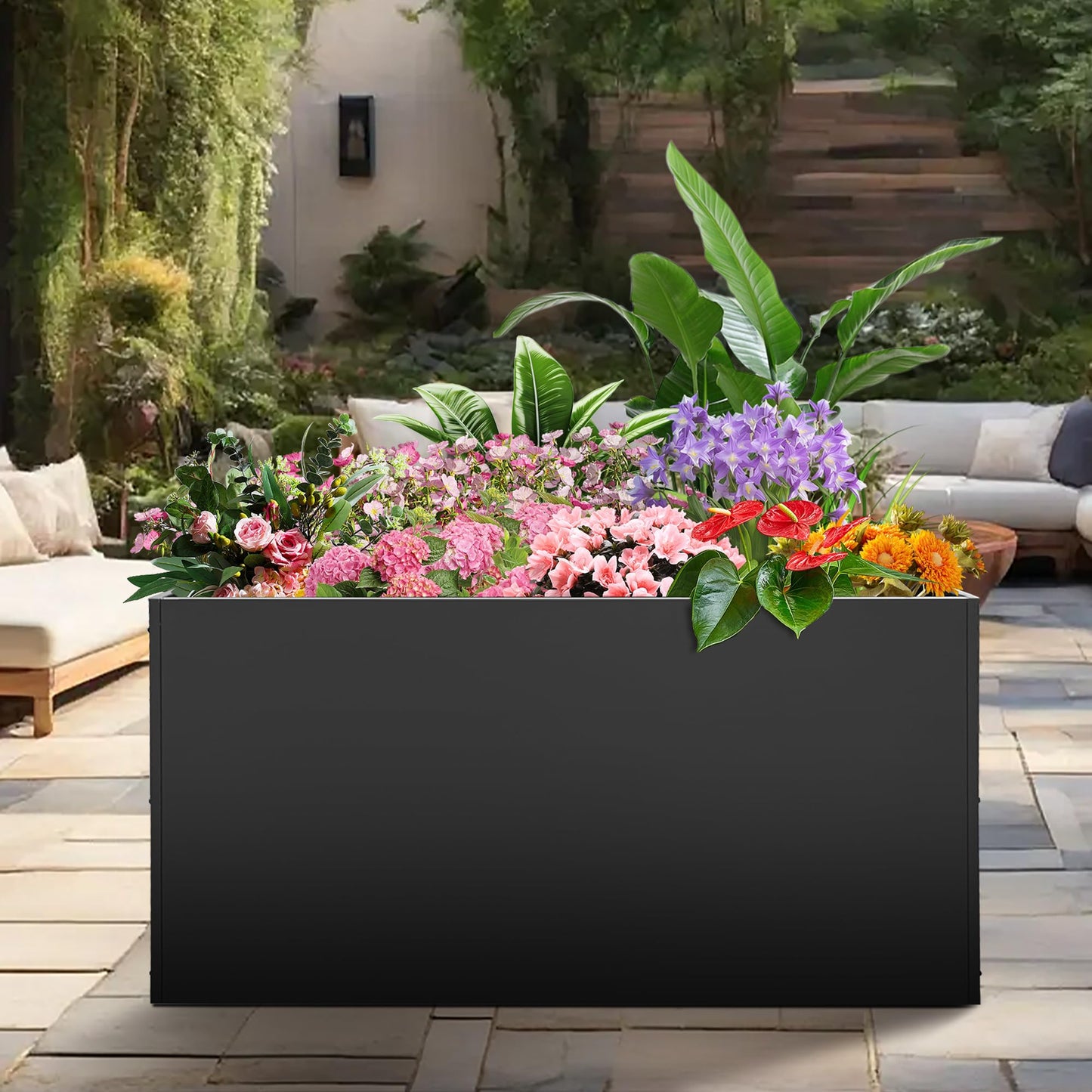 Metal Rectangular Planter Box, 38''L x16''Wx20''H Planter Boxes Outdoor Heavy Duty, Rectangular 3 Tier Adjustable Height Outdoor Galvanized Steel Plant Box, Garden Planter for Plants and Flowers