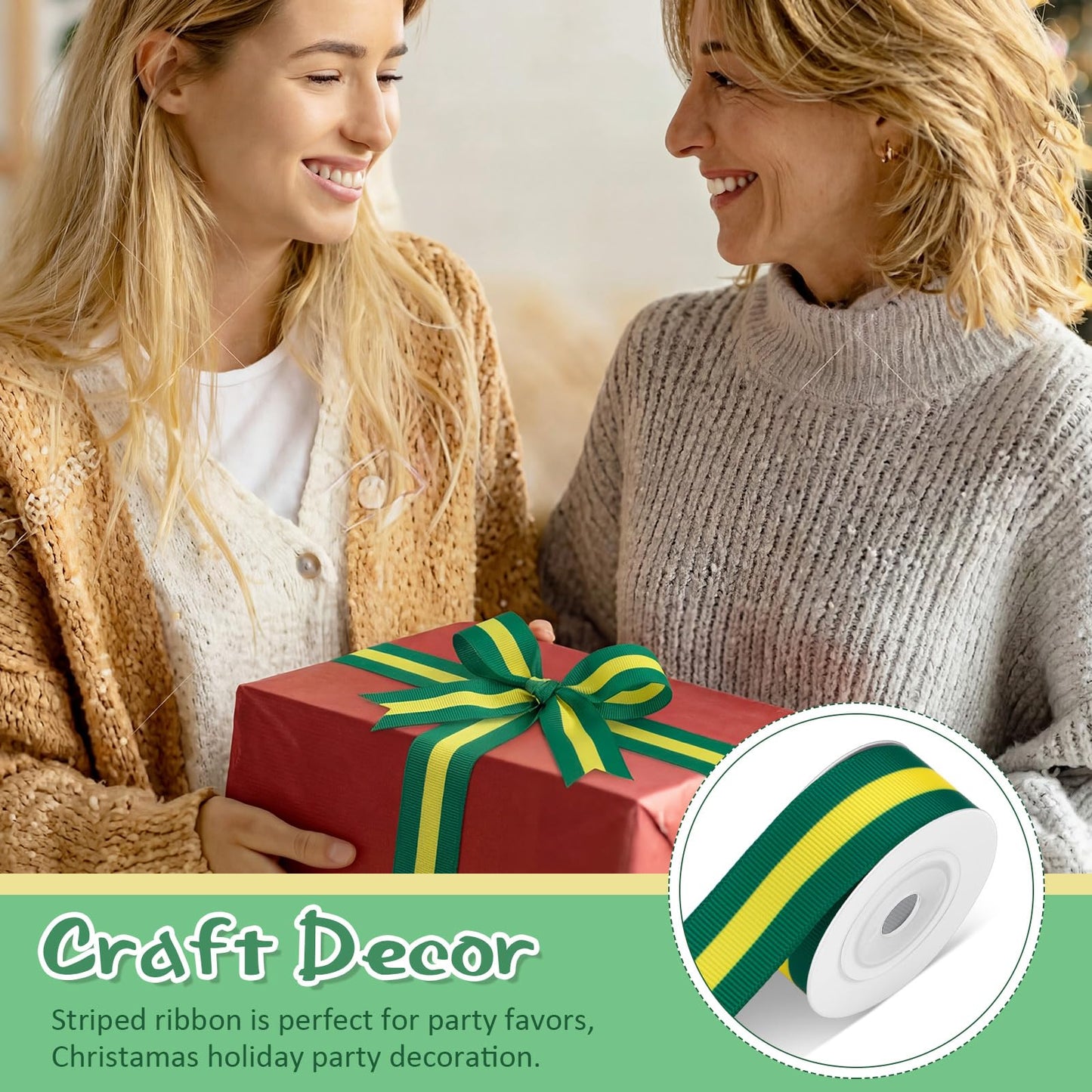 Cunno 3 Rolls Green Gold and Yellow Stripe Grosgrain Ribbon Decorating Material Double Face Polyester Fabric Ribbons Roll for Christmas Home DIY Gift Wrapping Crafts, 0.4, 0.87, 1.5 Inch Wide, 15 Yard