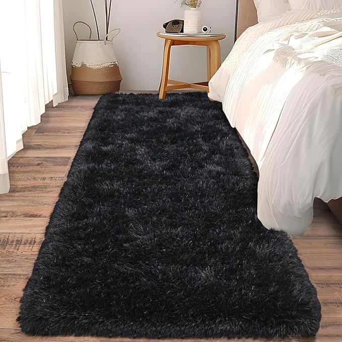 Soft Runner Rugs for Bedroom Hallways, 2 Packs 2x6 Black Fluffy Shag Throw Area Rug Non Slip for Bedside Dorm, Long Shaggy Furry Carpet for Nursery Living Room