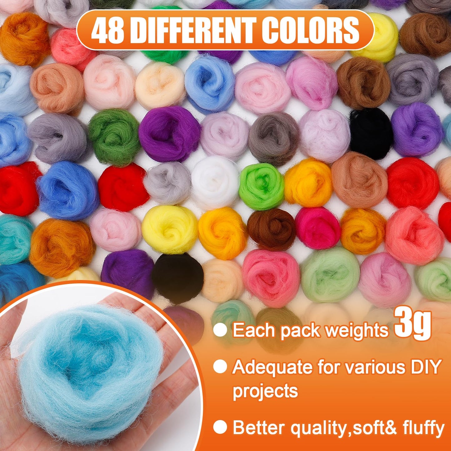 96pcs 10.4 oz Needle Felting Wool - 48 Colors Nature Wool Roving Yarn for Beginners Hand Spinning Felting Supplies, 3g/Pack