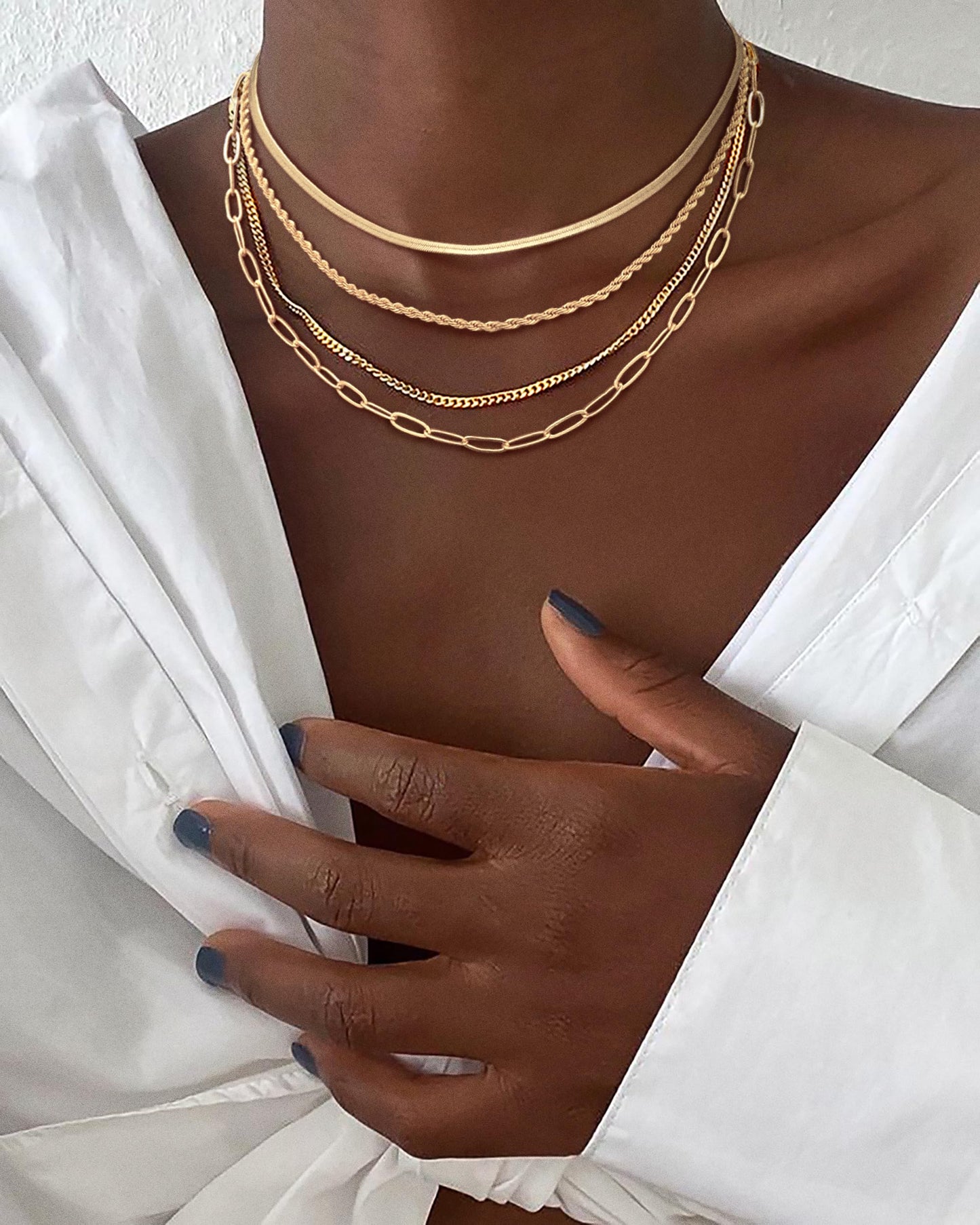 MFRYK Gold Necklaces Stack For Women,14K Gold Plated Simple Layered Choker Necklaces For Women,Stackable Multilayer Gold Rope Cuban Herringbone Snake Paperclip Chain Layering Necklace Set Jewelry Gift