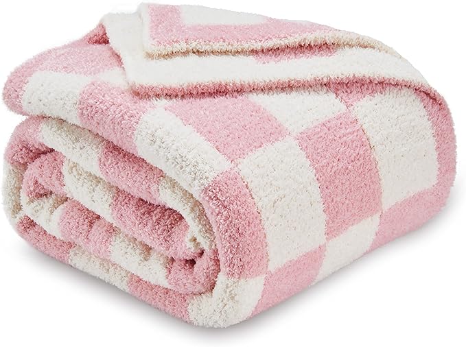 CozeCube Checkered Blanket, Ultra Soft Cozy Pink and White Throw Blanket, Warm Cozy Knit Fuzzy Plush Checkerboard Throw for Couch Bed Sofa, 60“x80”