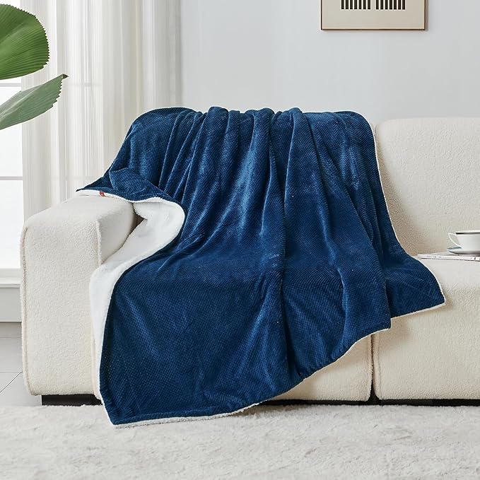 SOCHOW Waffle Sherpa Fleece Throw Blanket, Super Soft Fuzzy Warm, Lightweight Fluffy Reversible Plush Blanket for Bed Sofa Couch, 60 x 80 Inches Navy Blue
