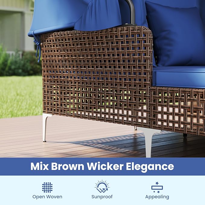 Tangkula Outdoor Rattan Daybed with Retractable Canopy, Boho Patio Wicker Sunbed with Metal Support, Pillows & Cushions, Outdoor Double Chaise Lounge with Shade for Backyard, Poolside, Deck & Balcony