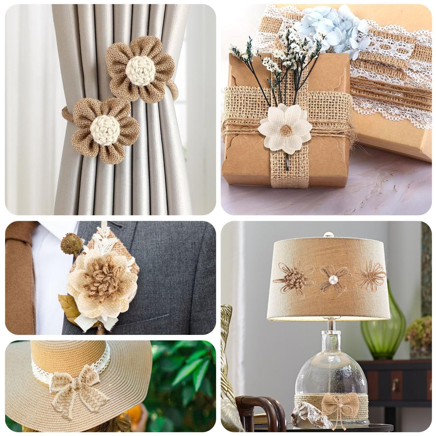 VGOODALL 32 PCS Natural Burlap Flowers Set, Burlap Bows and Scrapbook Embellishments for Wedding Party Decor Home, Embellishments for Crafts