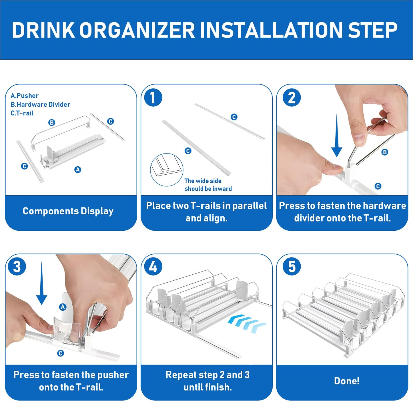Drink Organizer for Fridge, Soda Can Organizer Dispenser for Refrigerator with Automatic Pusher Glide, Width Adjustable Clear Dividers Can Holder for 15 Cans, 115''D x 8.9''W x 3.1''H, 3 Rows