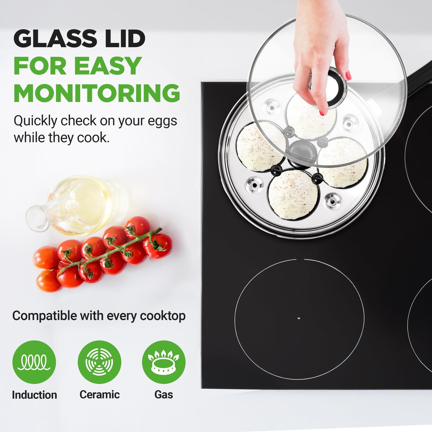 NutriChef Egg Poacher Pan Set - 7.87” Stainless Steel Poached Egg Cooker with 4 Non-Stick Poaching Cups, Glass Lid, Timer, Oven Mitt, and Spatula for Perfect Poached Eggs, Induction Compatible, Silver
