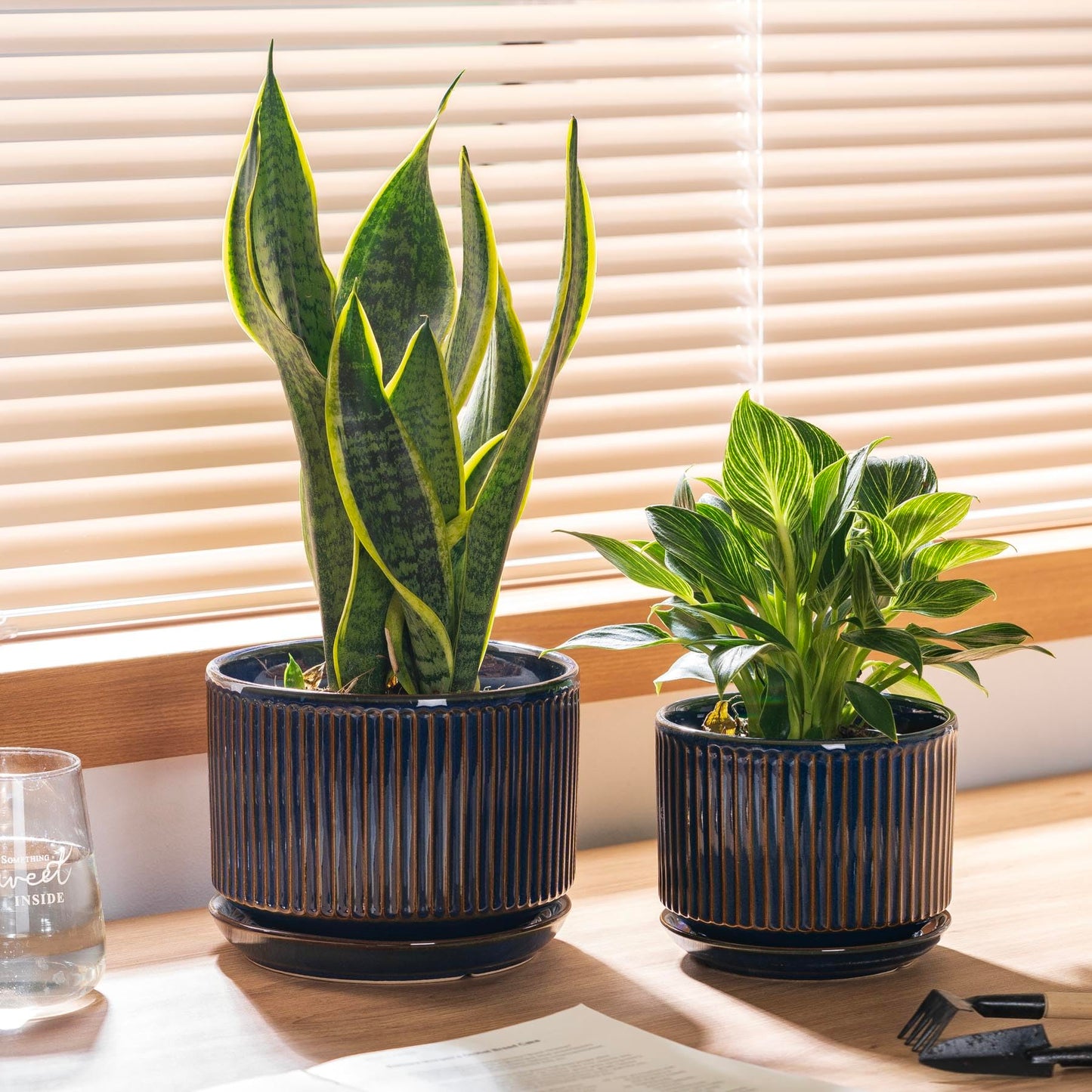 SURE YUESI Navy Blue Ceramic Plant Pots Set of 3 (4.3”+5.5”+6.7”), Indoor Striped Planters with Drainage Hole, Mesh Pads, Decorative Pots for Plants & Gardening