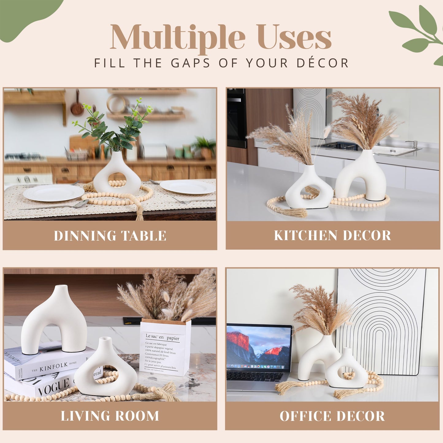 LUSHAURA Donut Vase Set | 2 Modern Boho Vases - 58" Wooden Garland & Felt Pads | Scandinavian Home Decor - White Vases for Flowers - Entry Table Decor - Boho Shelf Decor - Organic Modern Home Decor