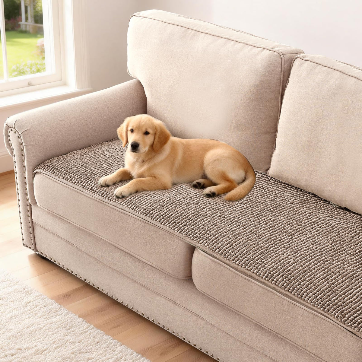 H.VERSAILTEX Plush Chenille Dog Bed Cover Thick Soft Sofa Cover for 3 Cushion Couch Anti Slip Couch Cover Furniture Protector for Dog, Pet, Cat (35" x 74", Oatmeal)