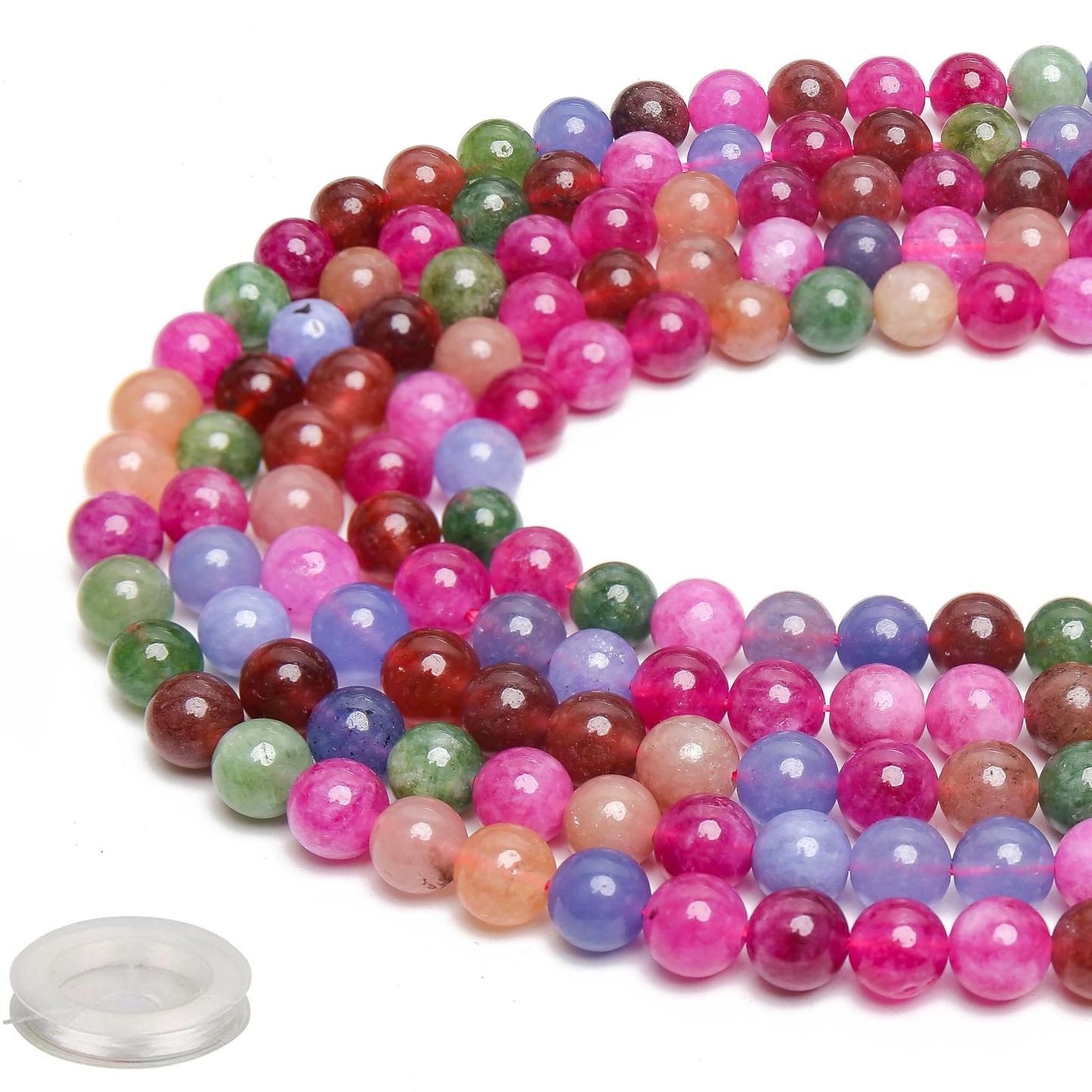 70PCS Natural 8MM Healing Gemstone, Colorful Tourmaline Energy Stone Round Loose Beads, Semi-Precious Crystal Beads with Free Elastic String for Jewelry Making DIY