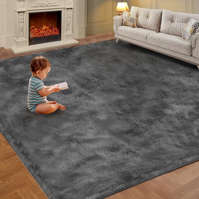 Cozy Shag Area Rug for Living Room, Anti-Skid Rectangular Indoor Floor Carpet for Kids Boys Girls Dorm Bedroom Playroom, Home Decor Aesthetic Enhancement (6x9 Feet, Solid Gray)