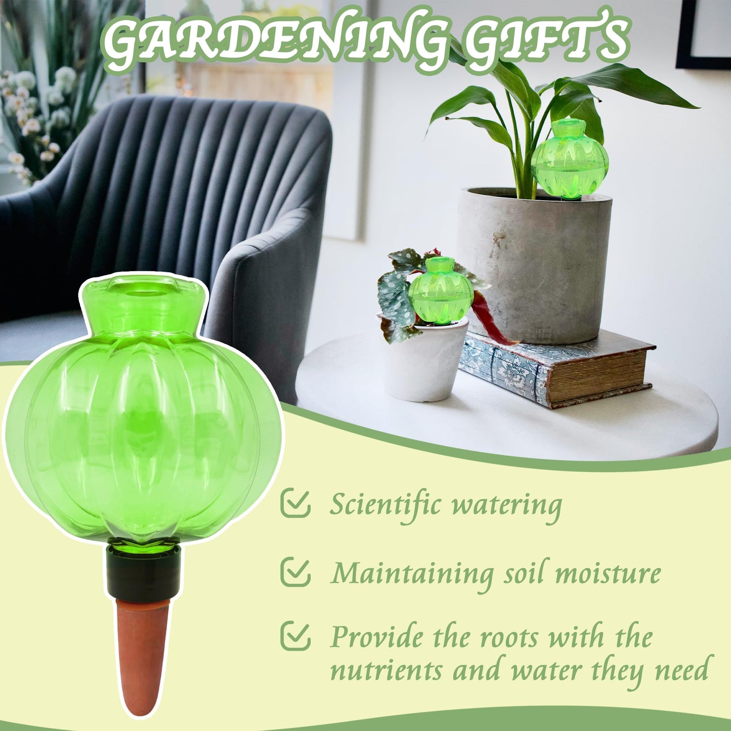 KIROYAL Self Watering Spikes 2 Pack, 16.9oz Large Capacity Plant Watering Globes, Up to 2 Weeks Automatic Watering, Terracotta Irrigation Device for Indoor Plants (Green Lantern Design)