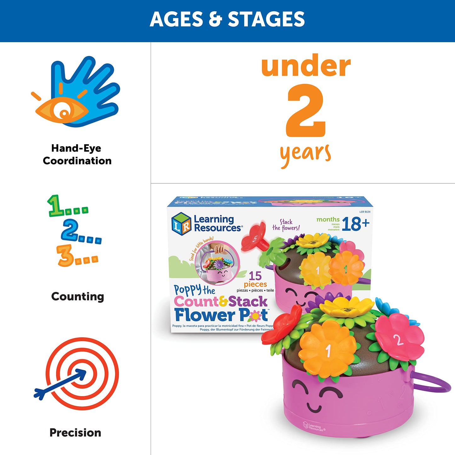 Learning Resources Poppy the Count & Stack Flower Pot - 15 Pieces, Ages 18+ Months, Toddler Fine Motor and Sensory Toys, Preschool Activity, Montessori