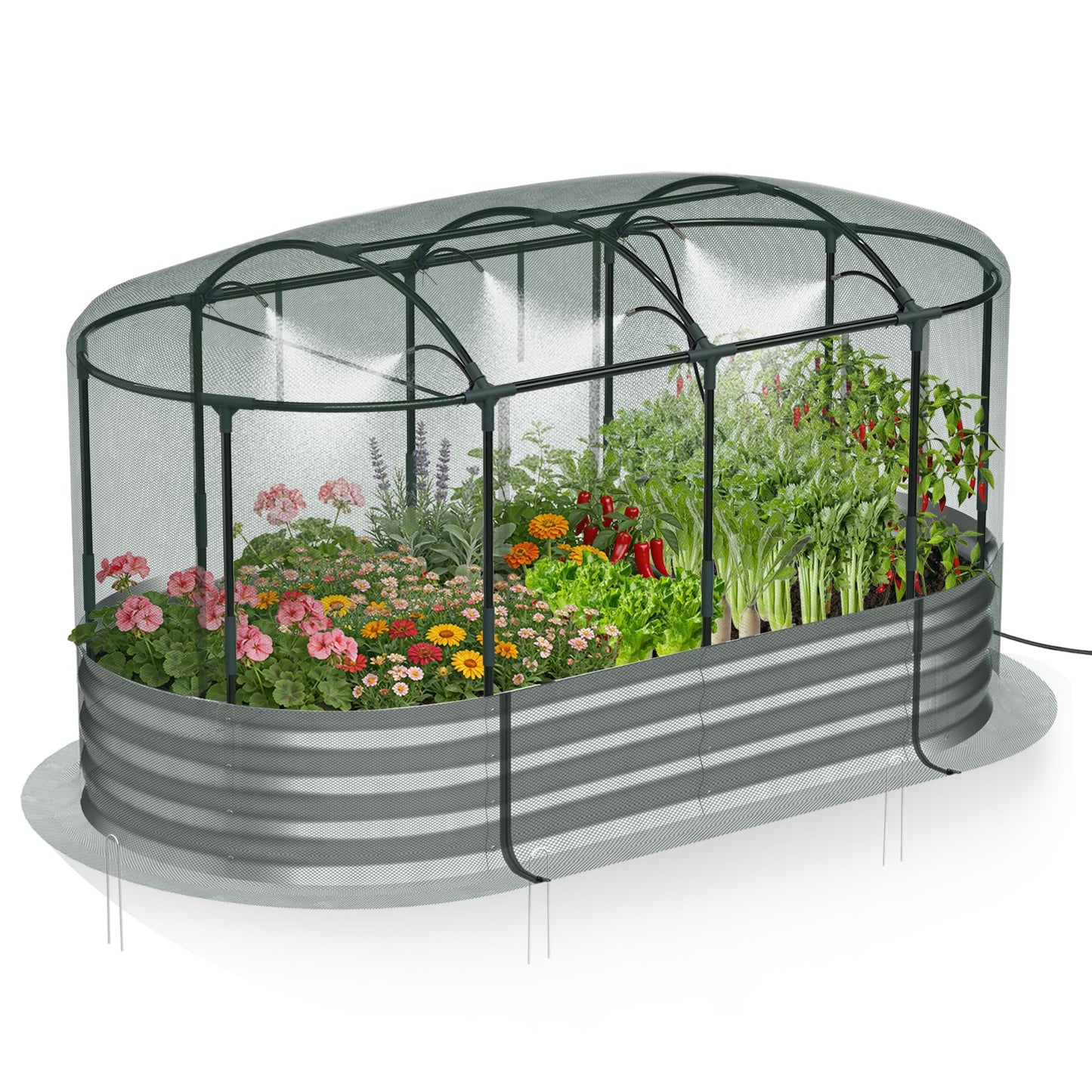Lineware Raised Garden Bed with Self-Watering System, 6x3x1 ft Elevated Planter Boxes Outdoor with Mesh Cover, Oval Galvanized Raised Beds for Gardening,Vegetables,Flowers, Backyard, Patio