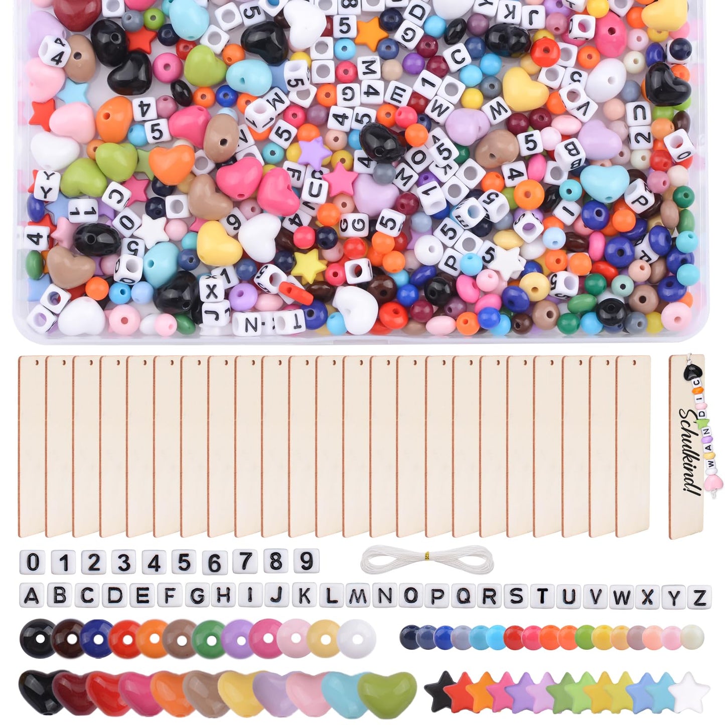 WANDIC 24Pcs Wooden Personalised Bookmark with A-Z Letter & 4 Styles Colorful & 0-9 Digital Square Beads Wooden Blank DIY Bookmark with Hole DIY Craft