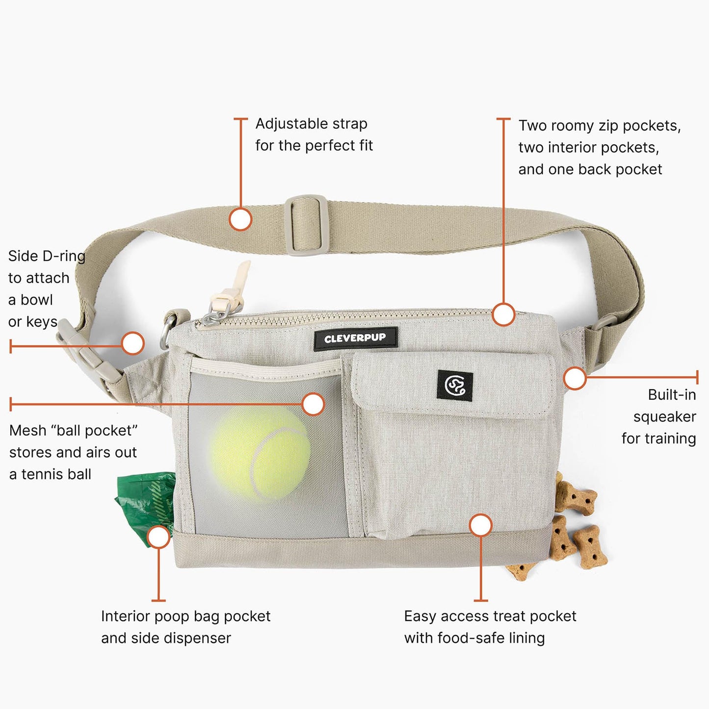 Cleverpup Dog Walk & Train Bundle - Hands Free Training Sling in Sand, Snackpack in Sand, & Small Nomad Bowl in Sand