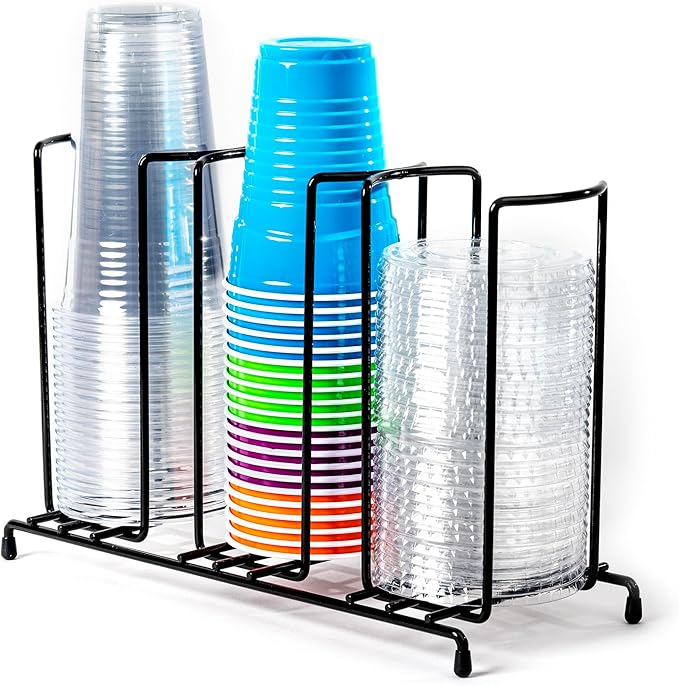 Wire Frame Cup and Lid Organizer, 3 Compartment Metal Rack Design Storage Holder for Plastic, Coffee Beverage Cups