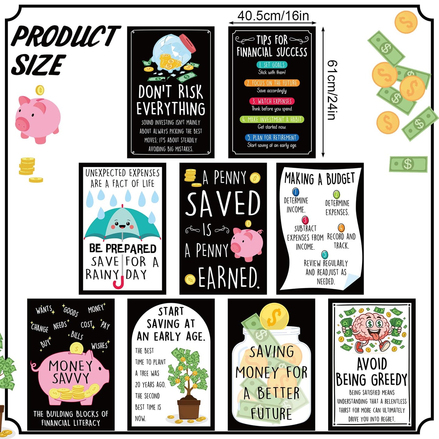 ForraFun 9 Pcs Funny Financial Literacy Poster Set Financial Fundamentals Essentials Pack Educational Poster for Hallways Bulletin Boards Home Study Room Business Studies Class Decoration