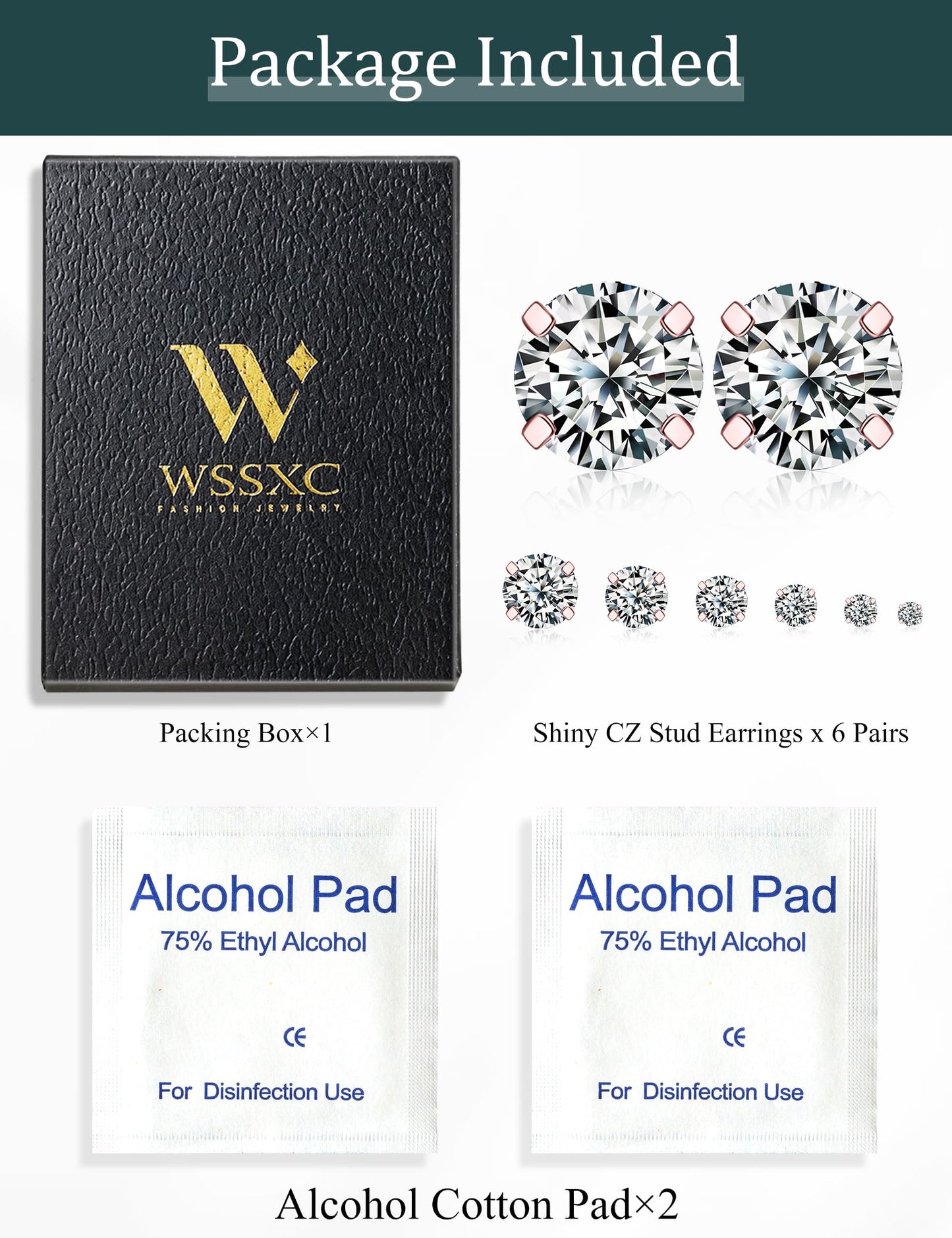 6 Pairs Stud Earrings Hypoallergenic Cubic Zirconia 316L Earrings Stainless Steel CZ Earrings Set 3-8mm (Rose gold)