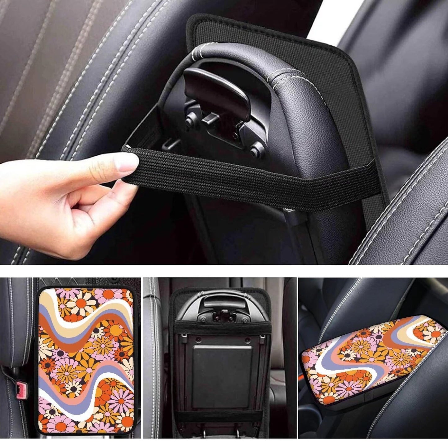 Dreaweet Hippie Flower Car Center Console Cushion Pad,Universal Armrest Seat Box Cover Protector,Comfortable Car Decor Accessories Fit for Most Cars,Trucks,SUV