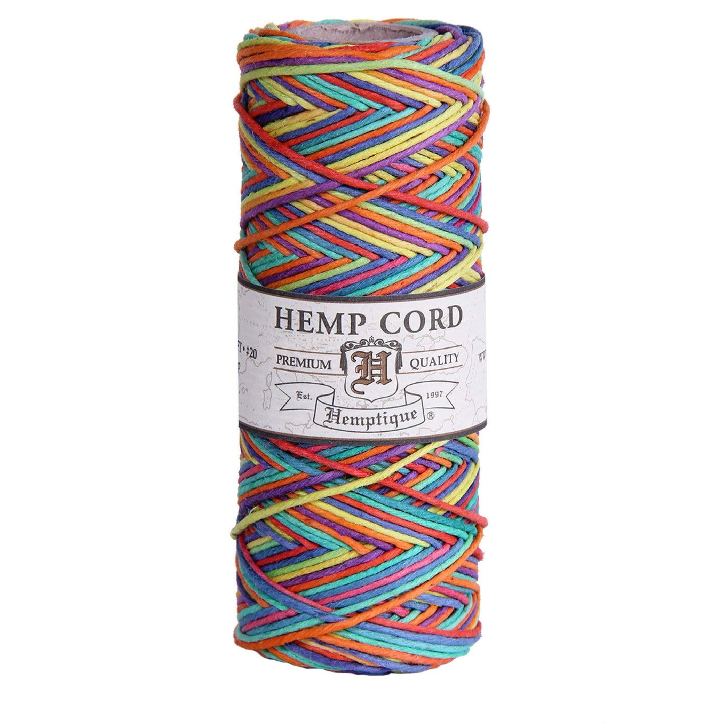 Hemptique 100% Hemp Cord Spool - 62.5 Meter Hemp String - Made with Love - No. 20 ~ 1mm Cord Thread for Jewelry Making, Macrame, Scrapbooking, DIY, & More - Variegated Rainbow
