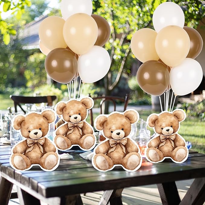 4 Sets Balloon Stand Kit for Table Bear Baby Shower Tables Centerpieces with Balloon Boy Baby Shower Decorations for Bear Theme Gender Reveal Birthday Party Table Decorations Supplies (Brown Bear, 4)