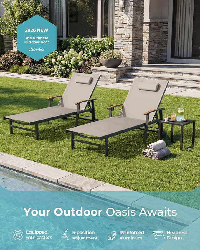 Ciokea Outdoor Lounge Chair with Pillow Set of 4, 5-Position Chaise Lounge with Wheels & Armrests, 400 lbs Heavy Duty Aluminum Pool Lounge Chairs, for Beach, Deck, Poolside & Backyard, Khaki