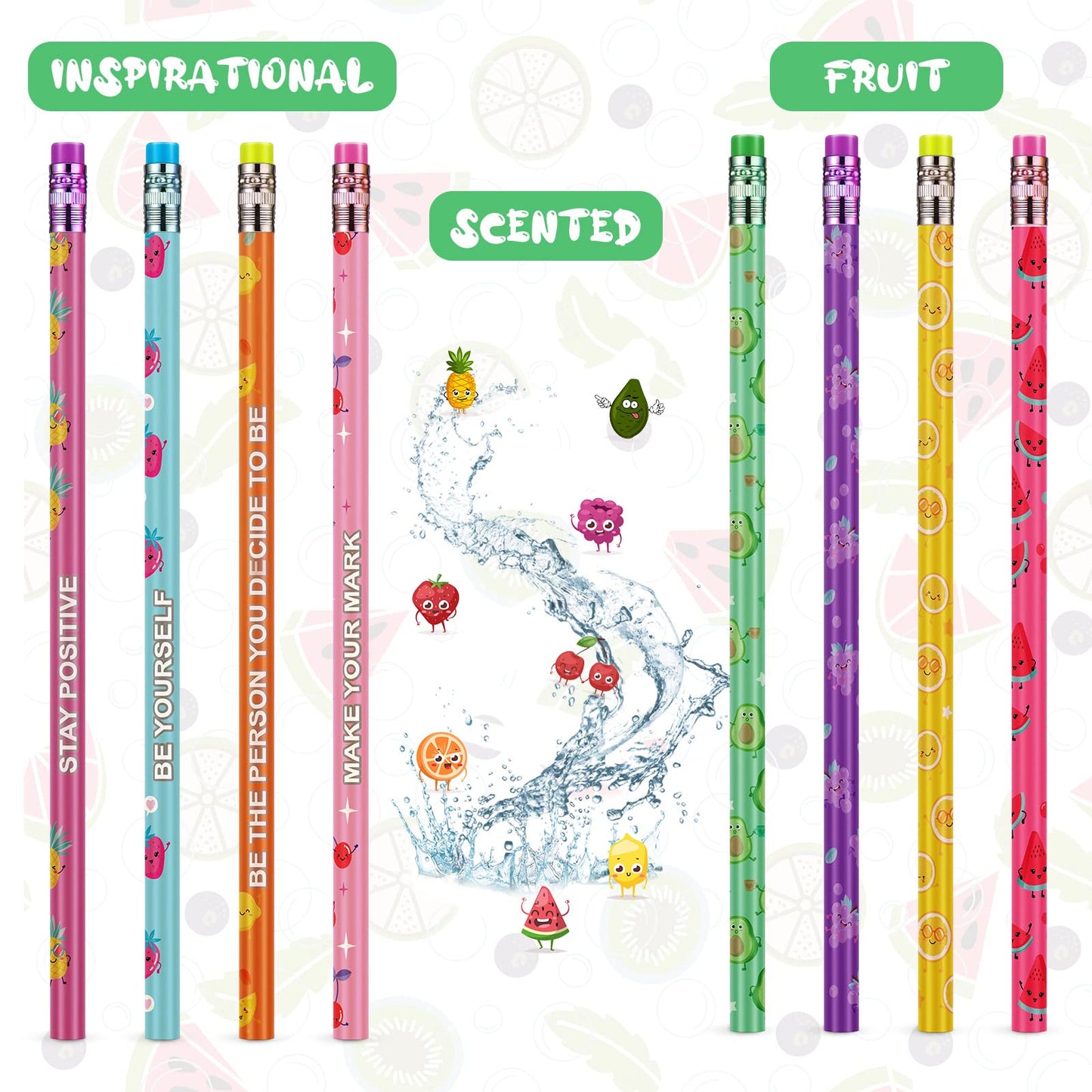 Leinuosen 300 Pcs Scented Pencils Bulk for Kids Inspirational Cute Fun Wood Smelly Pencils with Erasers Fruit Elements for School Classroom Office Students