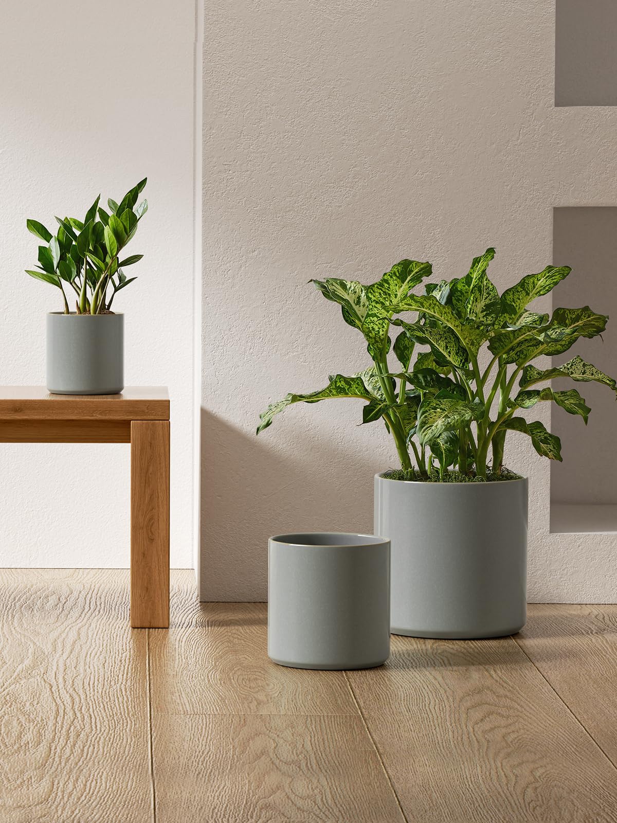 LE TAUCI Ceramic Pots for Plants, 10/8/6 Inch Indoor Planters with Draiange Hole, Silicone Plug & Mesh Pad, Modern Minimalist Pots for Home Office, Set of 3, Glossy, Mist Gray