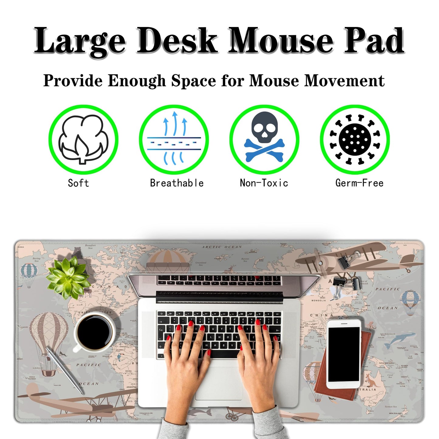 Samgula Gaming Mouse Pad Retro World Map, Large Desk Pads Computer Desk Mat, Non-Slip Rubber Base, 35.4 x 15.7 Inch for Work/Game/Office/Home