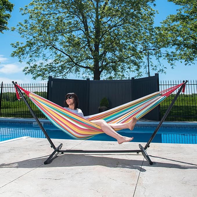Vivere Double Cotton Hammock with Space Saving Steel Stand, Upgraded Polyester End Strings 450 lb Capacity - Premium Carry Bag Included - USA Grown Cotton (Salsa)
