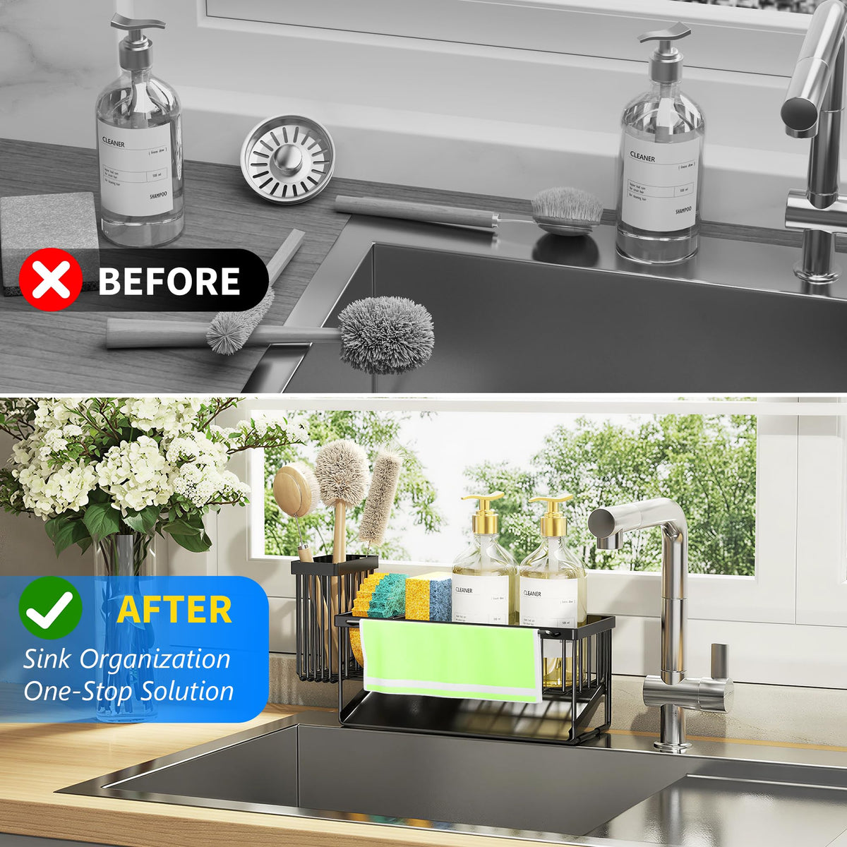 Kitchen Sink Caddy Organizer with High Brush Holder