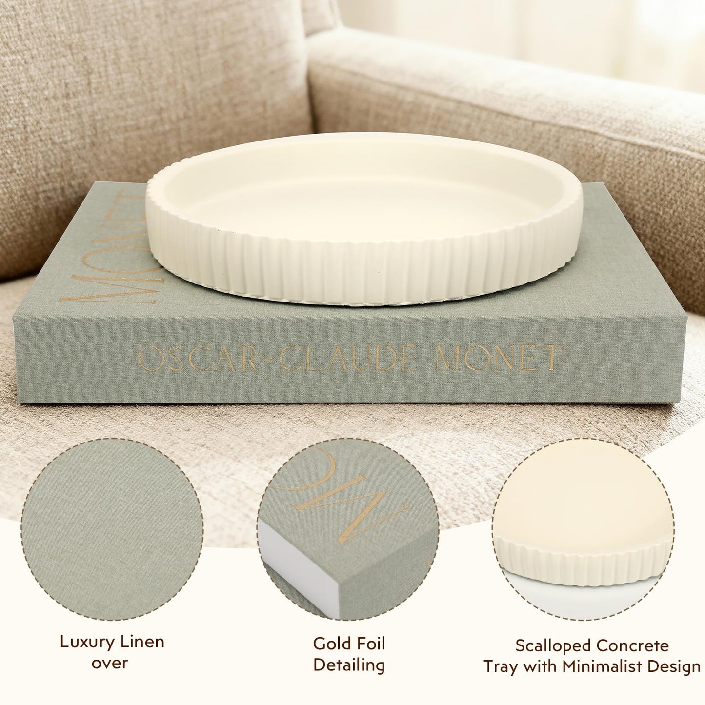 Decorative Concrete Tray & Book Set - Modern Scalloped Home Decor Tray & Linen Storage Box for Coffee Table, Bookshelf, Entryway, Console, Living Room, Housewarming Gift (White)