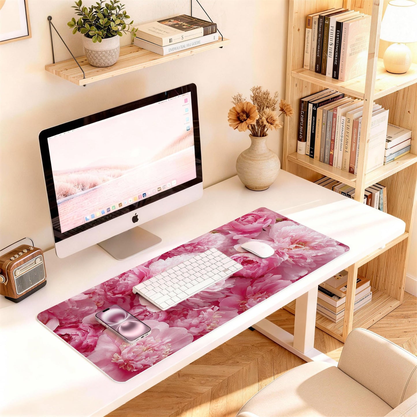 UGYAZX Desk Mat Desk Pad for Keyboard and Mouse, 31.5 x 15.7 in, Pink Peony Floral PU Leather Computer Protector, Non-Slip Base, Waterproof, Easy Clean for Office Gaming, Mouse Pad