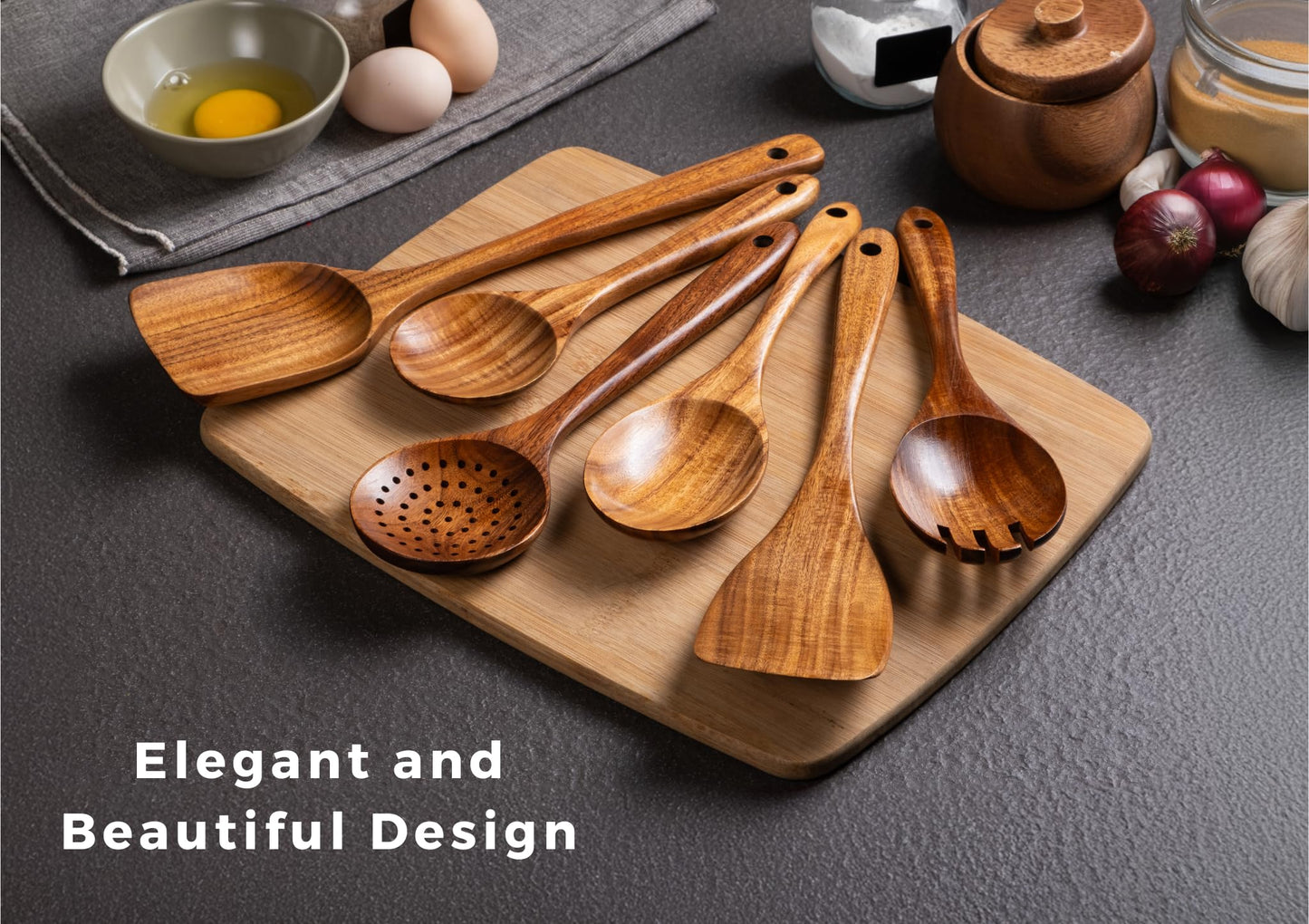 New Kitchen 6 Piece Non Toxic Wooden Spoons for Cooking - Smooth Finish Teak Kitchen Utensils Set - Non-Stick Wooden Spatula Perfect for Pasta, Mixing and Kitchen Essential and Gift