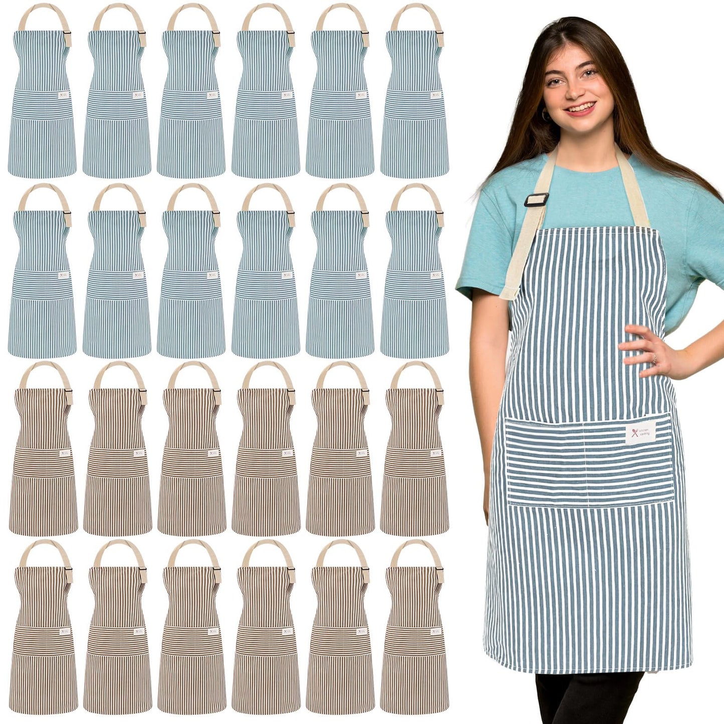 Janmercy 24 Pcs Aprons for Women Men with 2 Pockets Linen Cooking Kitchen Apron Adjustable Bib Chef Apron Bulk Aprons Unisex(Brown/blue,Thin Stripes)