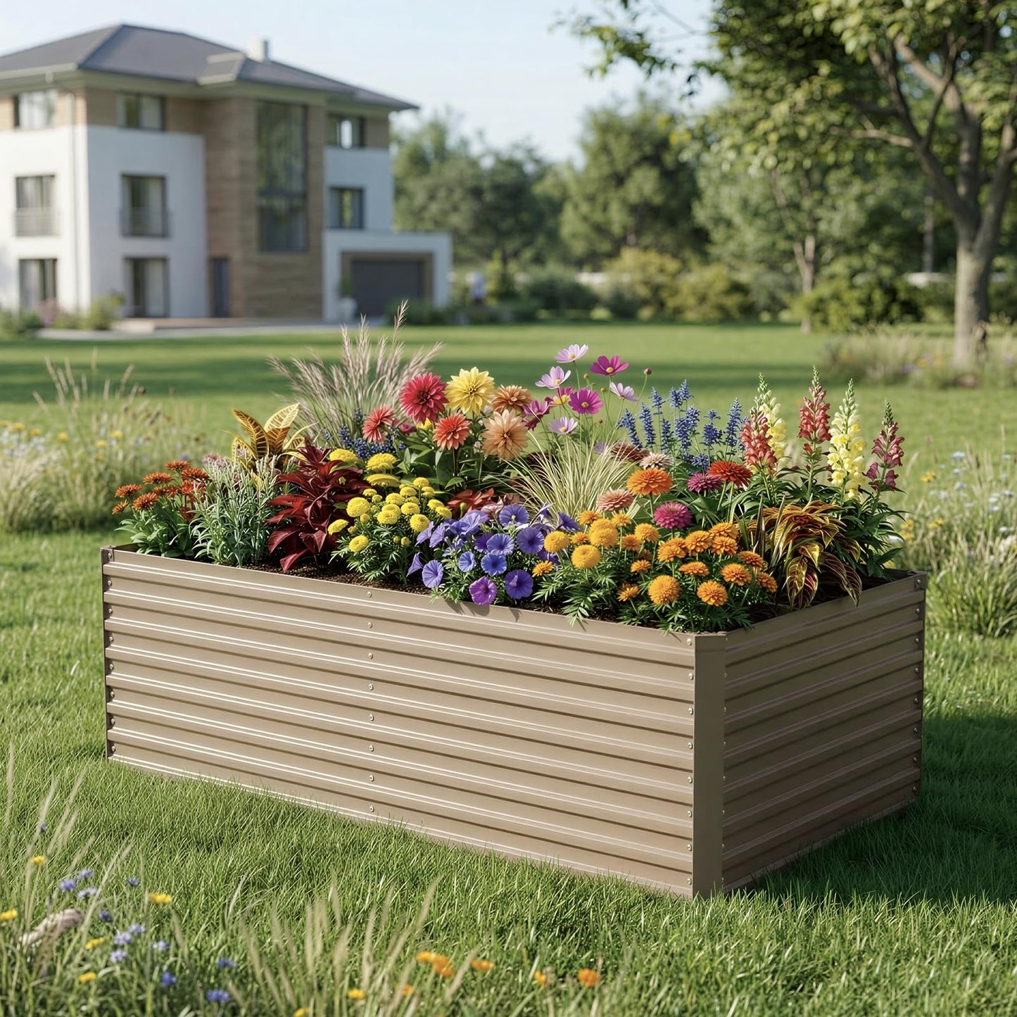 DTIG Galvanized Raised Garden Bed for Vegetables Flowers Herbs, Tall Metal Raised Garden Bed Kit with Garden Tools, Gloves, Plant Labels, Brown 6×3×2FT