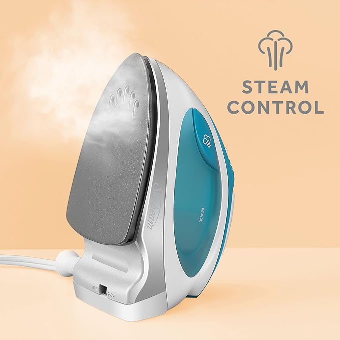 Sunbeam Travel Steam Iron, 1080 Watt, Dual Voltage 120/240, Compact Size, Portable, Non-Stick Soleplate, Soft Touch Handle, Horizontal or Vertical Use, Travel Bag, White and Teal