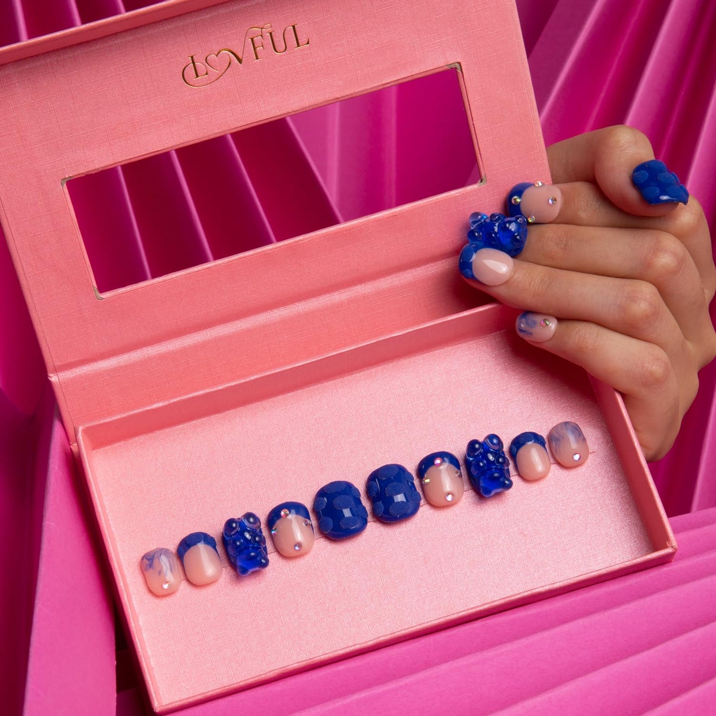 LOVFUL Press on Nails Little Blue Bear Blue French Tip| Handmade with Full Covered Crystals | Reusable Fake Nails | Square Short 0.8 in | H132-L