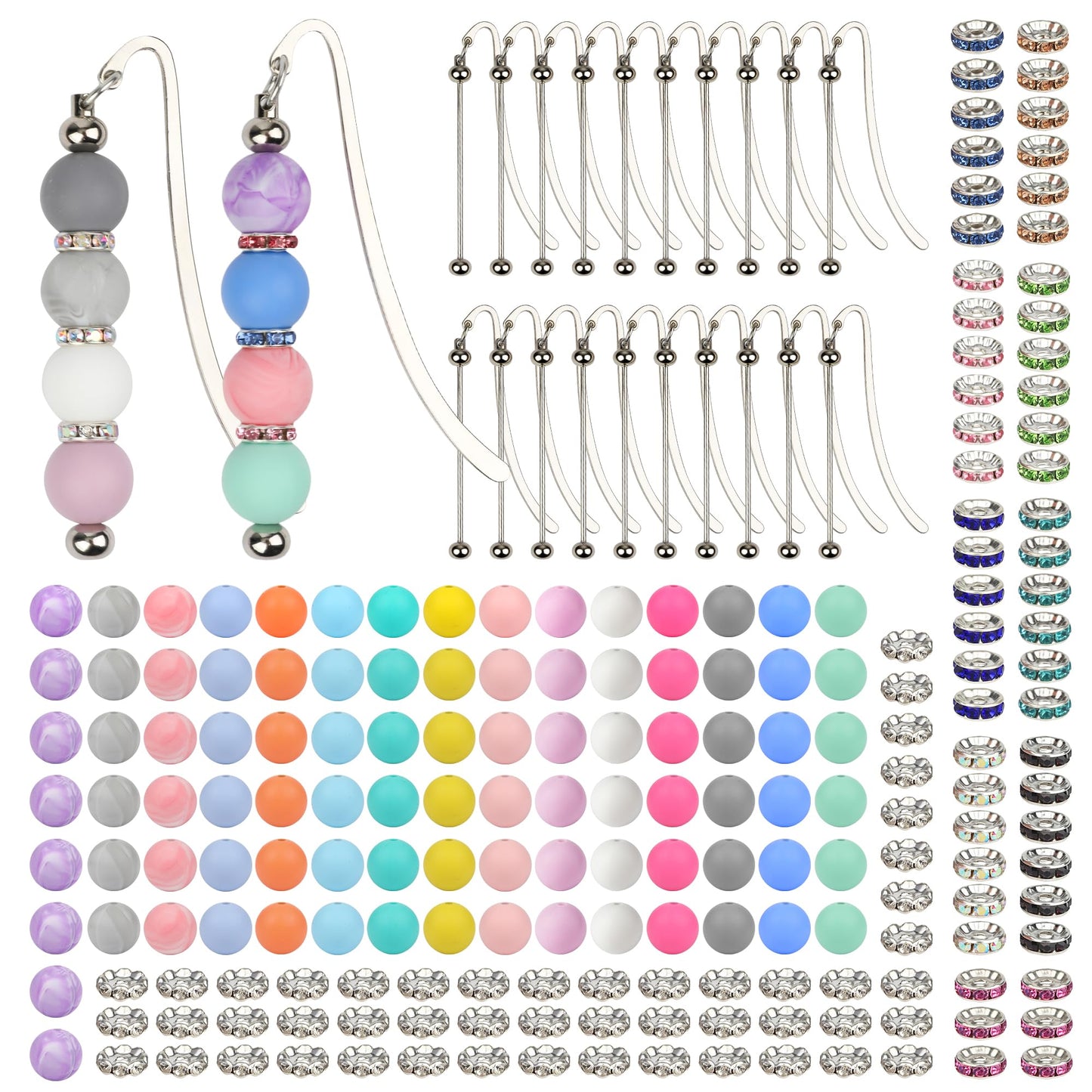 HOMAR 214 Pcs Beadable Bookmarks DIY Beading Bookmark Craft Kit, 20 Pcs Silver Metal Bar Bookmarks with 194 Beads, Bookmarks for Modern Beaded Craft, Gift for Book Lovers, Students, Teachers